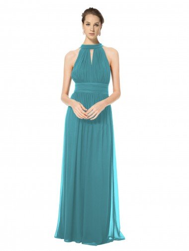 Affordable Ruched Long Chiffon Halter Bridesmaid Dress with Tie Back and Tails