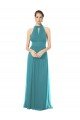Affordable Ruched Long Chiffon Halter Bridesmaid Dress with Tie Back and Tails