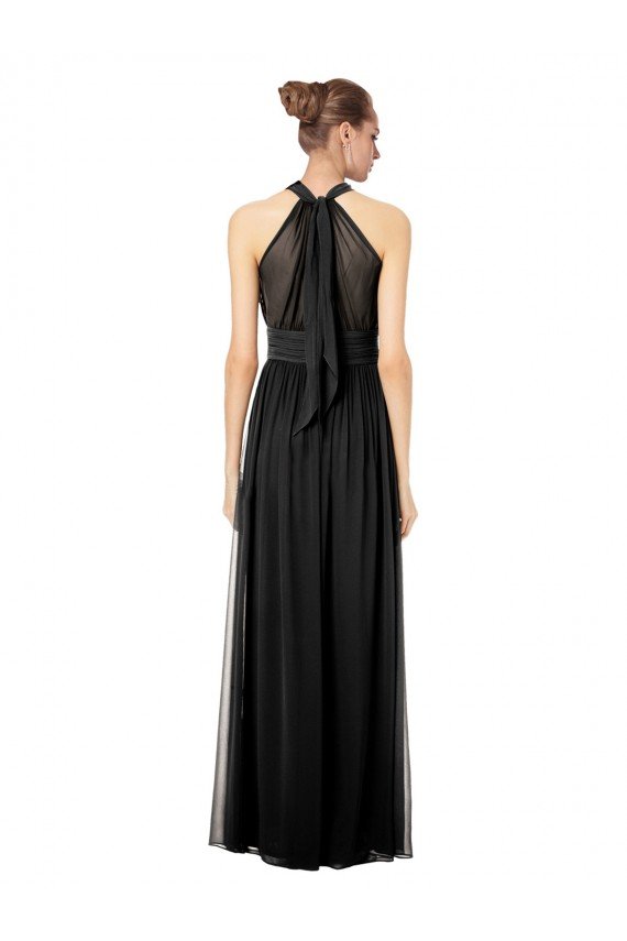 Affordable Ruched Long Chiffon Halter Bridesmaid Dress with Tie Back and Tails