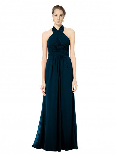 Affordable Keyhole Back Long Chiffon Halter Dress with Halter Straps Cross Neck