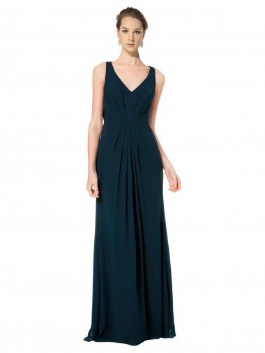 Affordable Long Chiffon V-Neck Sleeveless Bridesmaid Dress with Large Keyhole Back