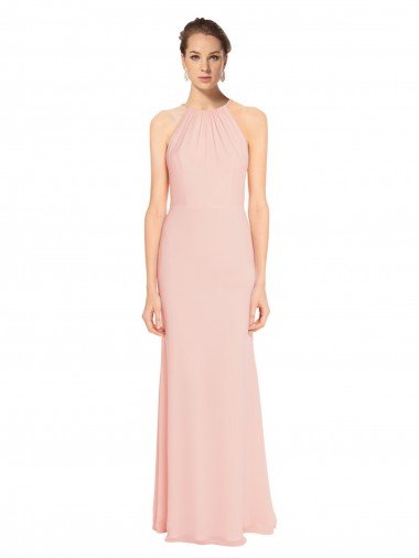 Affordable High Neck Long Chiffon Halter Bridesmaid Dress with Drape Chiffon Overlay