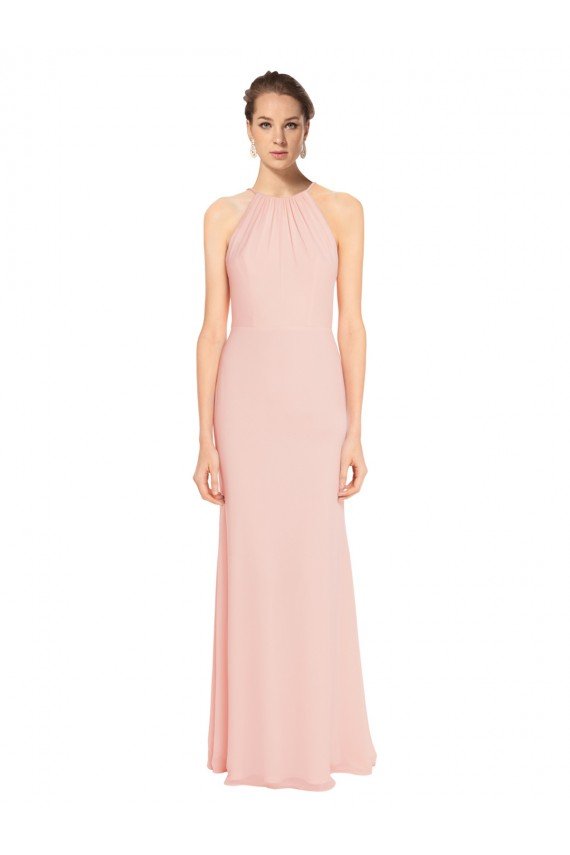 Affordable High Neck Long Chiffon Halter Bridesmaid Dress with Drape Chiffon Overlay