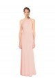 Affordable High Neck Long Chiffon Halter Bridesmaid Dress with Drape Chiffon Overlay
