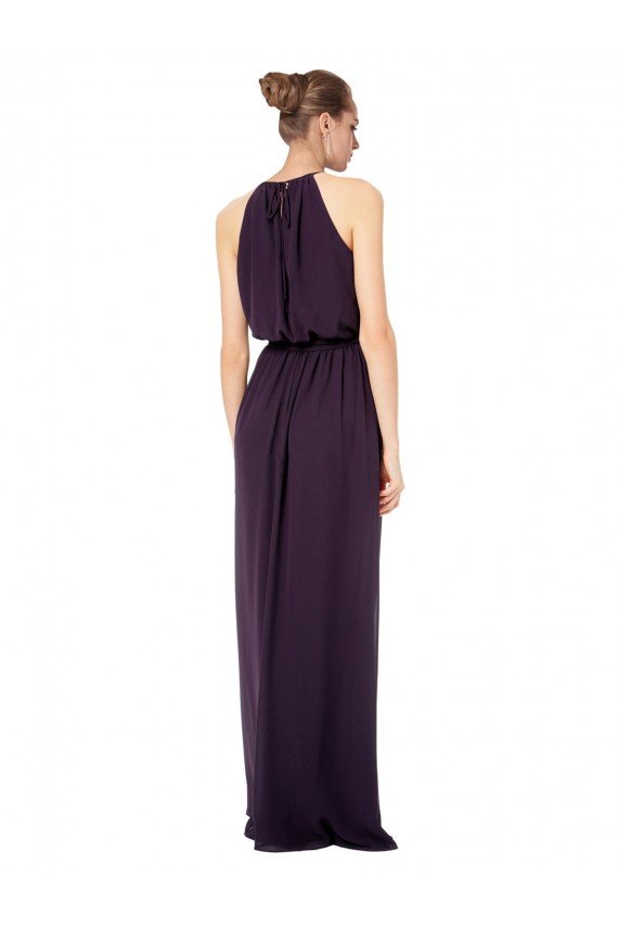 Affordable High Neck Long Chiffon Halter Bridesmaid Dress with Drape Chiffon Overlay