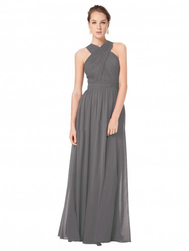 Affordable Long Chiffon Halter Bridesmaid Dress Keyhole Back