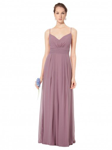 Affordable V-Neck Spaghetti Strap Open Back Long Chiffon Bridesmaid Dress