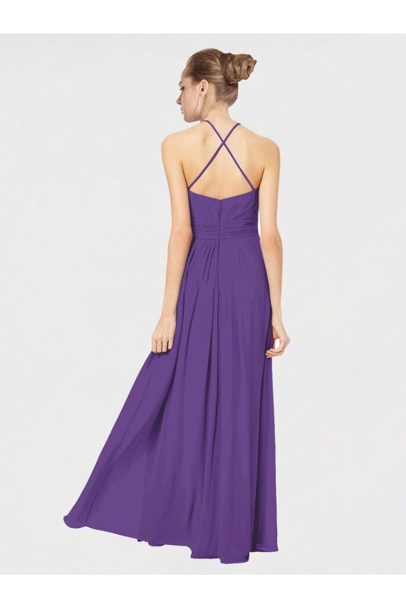 Affordable Long Chiffon Spaghetti Strap Halter Bridesmaid Dress