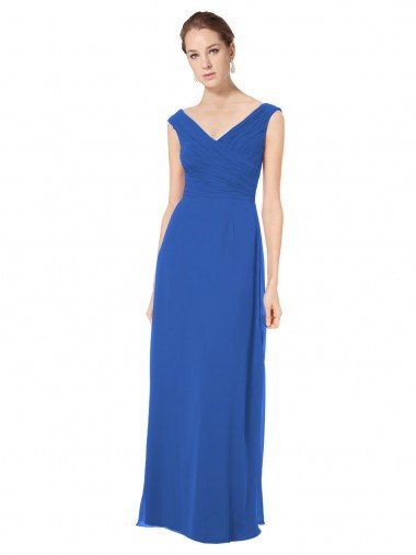 Affordable Long Chiffon Strapless Bridesmaid Dress with Wide Front and Back V-Neckline