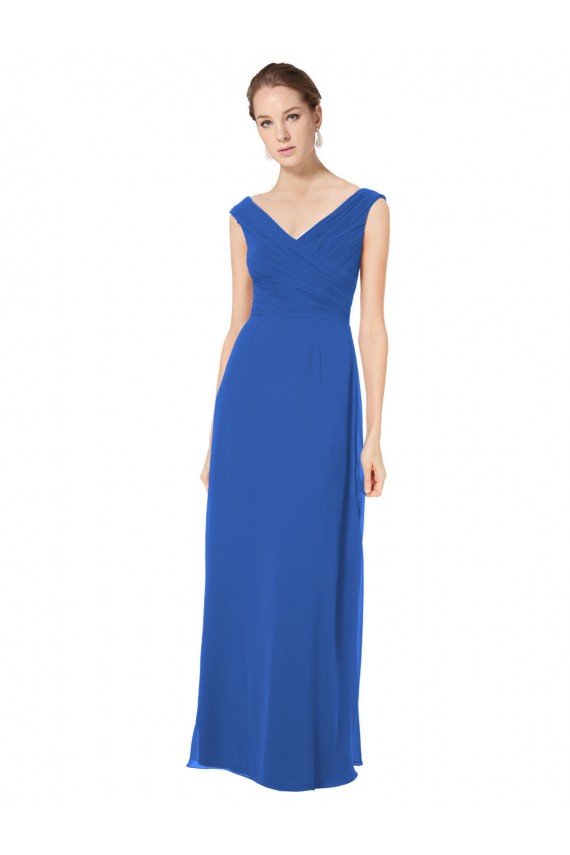 Affordable Long Chiffon Strapless Bridesmaid Dress with Wide Front and Back V-Neckline