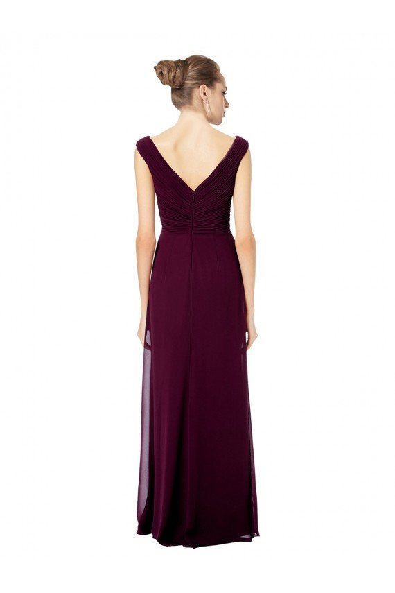 Affordable Long Chiffon Strapless Bridesmaid Dress with Wide Front and Back V-Neckline