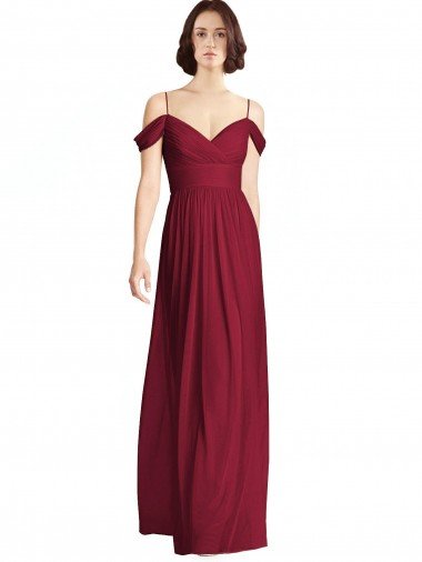 Affordable Off the Shoulder Long Chiffon Bridesmaid Dress with Pleated Sleeves