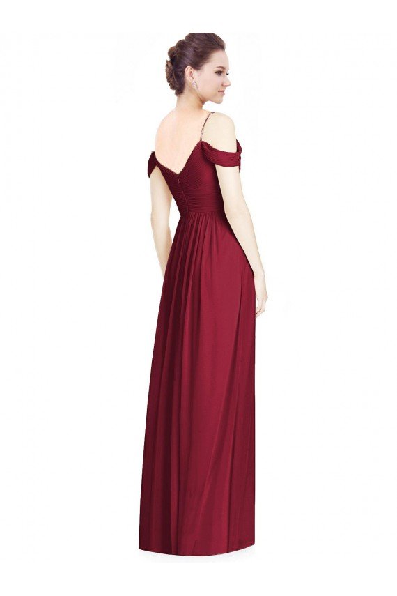 Affordable Off the Shoulder Long Chiffon Bridesmaid Dress with Pleated Sleeves