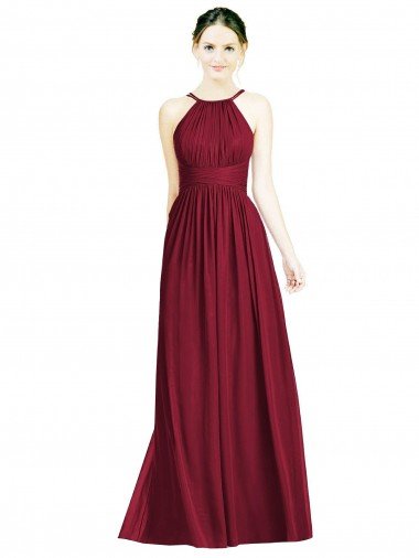 Affordable Halter Neck Open Back Draped Chiffon Bridesmaid Dress