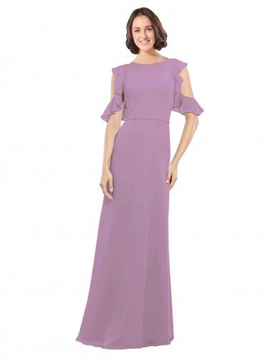 Affordable Long Chiffon Bridesmaids Dress with Flounced Sleeve Detail and Criss Cross Back