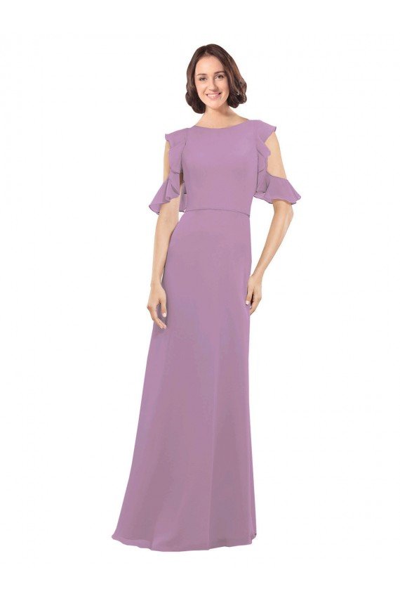 Affordable Long Chiffon Bridesmaids Dress with Flounced Sleeve Detail and Criss Cross Back