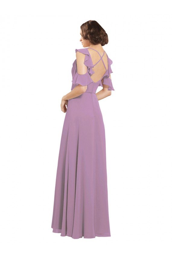 Affordable Long Chiffon Bridesmaids Dress with Flounced Sleeve Detail and Criss Cross Back