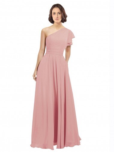 Affordable Chiffon Bridesmaids Dress with One Shoulder Flounced Sleeve