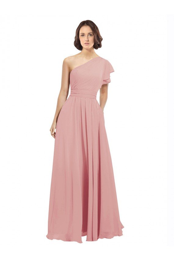 Affordable Chiffon Bridesmaids Dress with One Shoulder Flounced Sleeve