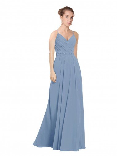 Affordable Chiffon Bridesmaids Dress with Draped V-Neck Bodice and Keyhole Back