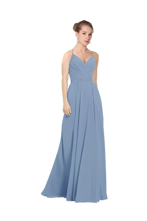 Affordable Chiffon Bridesmaids Dress with Draped V-Neck Bodice and Keyhole Back