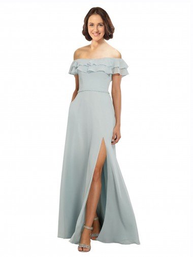 Affordable Luxe Chiffon Bridesmaids Dress with Off the Shoulder Flounced Neckline