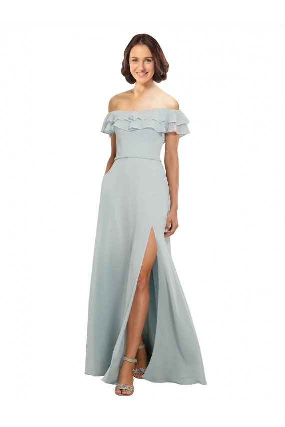 Affordable Luxe Chiffon Bridesmaids Dress with Off the Shoulder Flounced Neckline