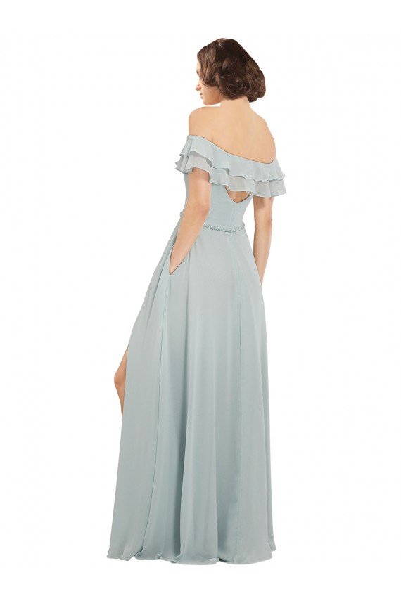 Affordable Luxe Chiffon Bridesmaids Dress with Off the Shoulder Flounced Neckline