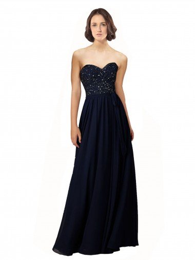 Affordable Long Chiffon Sweetheart Neckline Bridesmaid Dress with Beading
