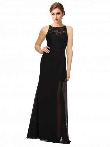 Affordable Sheath Beaded and Embroidered Bridesmaids Dress with Lace Bodice and Chiffon Skirt