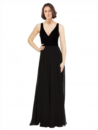Affordable Stretch Velvet and Chiffon Bridesmaids Dress with V-Neckline