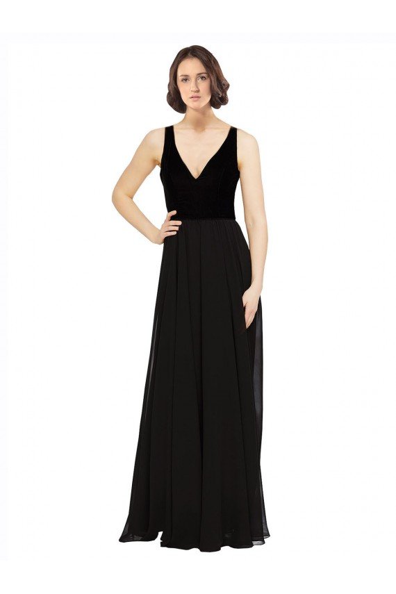 Affordable Stretch Velvet and Chiffon Bridesmaids Dress with V-Neckline