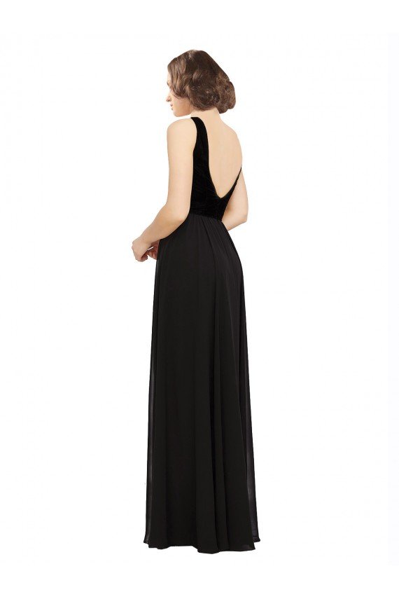 Affordable Stretch Velvet and Chiffon Bridesmaids Dress with V-Neckline