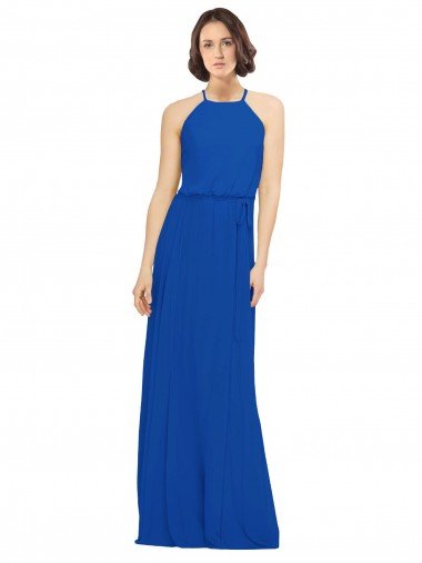 Affordable Long Jewel Neckline Chiffon Bridesmaids Dress wit Chiffon Tie Sash