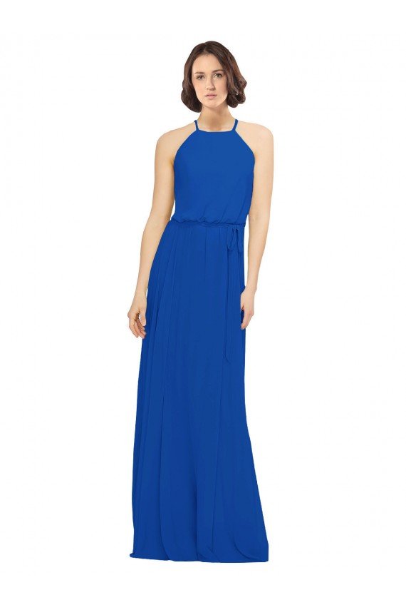 Affordable Long Jewel Neckline Chiffon Bridesmaids Dress wit Chiffon Tie Sash