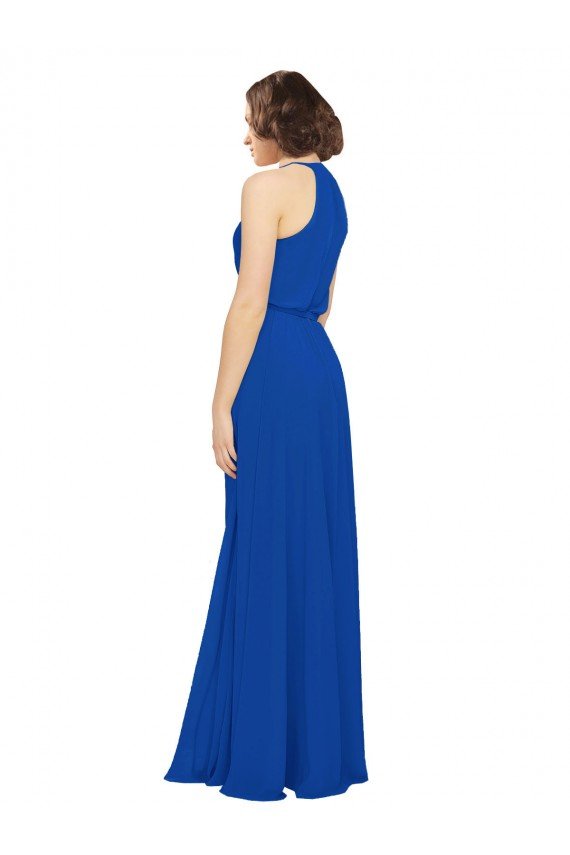 Affordable Long Jewel Neckline Chiffon Bridesmaids Dress wit Chiffon Tie Sash
