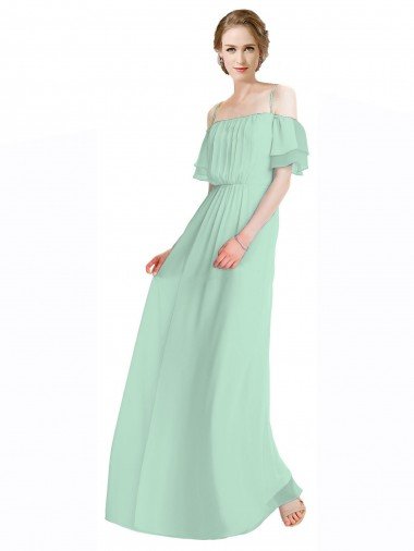 Affordable Spaghetti Straps Long Chiffon Off-The-Shoulder Bridesmaid Dress with Double Flounce Sleeves