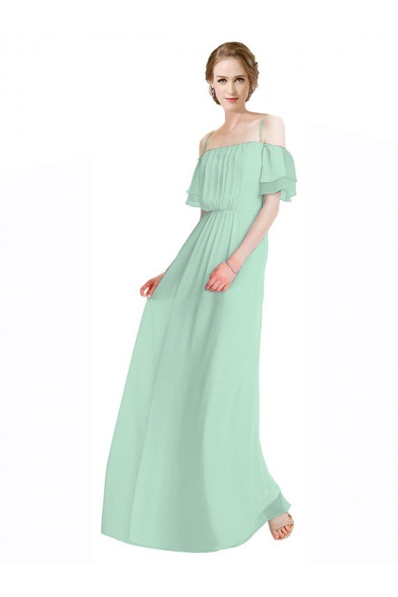 Affordable Spaghetti Straps Long Chiffon Off-The-Shoulder Bridesmaid Dress with Double Flounce Sleeves