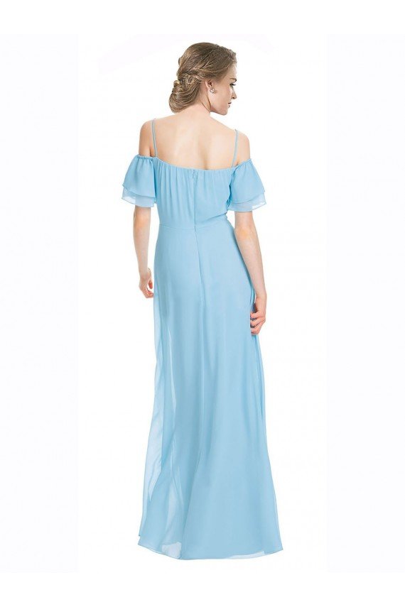 Affordable Spaghetti Straps Long Chiffon Off-The-Shoulder Bridesmaid Dress with Double Flounce Sleeves