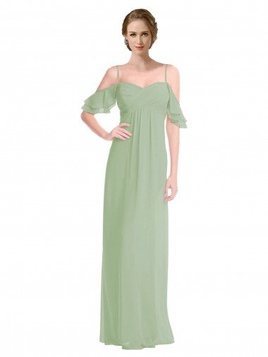 Affordable Long Chiffon Off-The-Shoulder Bridesmaid Dress with Double Flounce Sleeves
