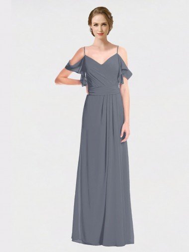 Affordable Long Chiffon Spaghetti Strap V-Neck Bridesmaid Dress with Off-The-Shoulder Flutter Sleeves