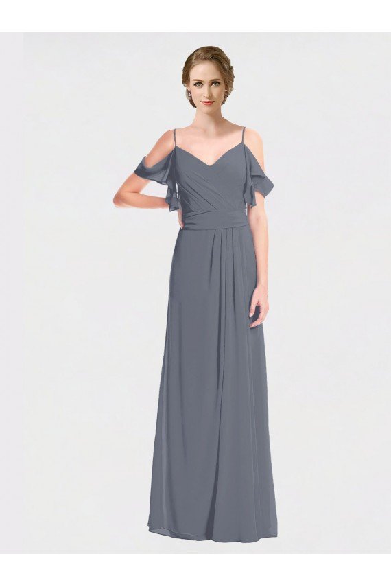 Affordable Long Chiffon Spaghetti Strap V-Neck Bridesmaid Dress with Off-The-Shoulder Flutter Sleeves