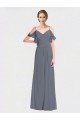 Affordable Long Chiffon Spaghetti Strap V-Neck Bridesmaid Dress with Off-The-Shoulder Flutter Sleeves
