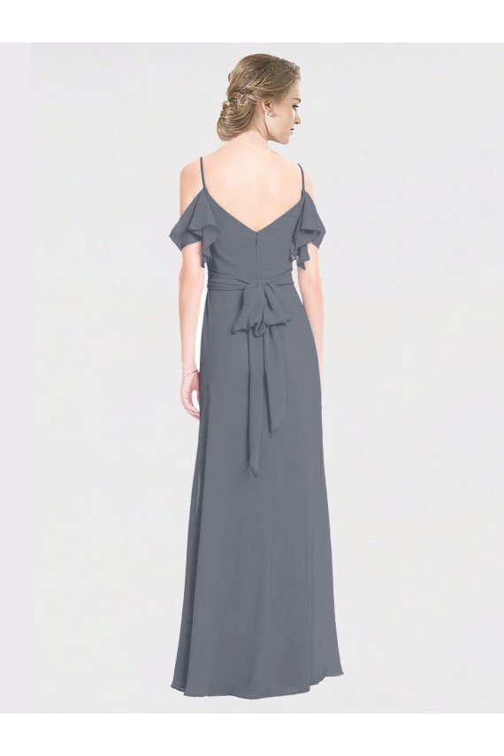 Affordable Long Chiffon Spaghetti Strap V-Neck Bridesmaid Dress with Off-The-Shoulder Flutter Sleeves
