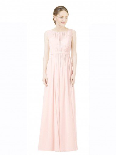 Affordable Long Chiffon Sleeveless Bridesmaid Dress with Sheer Illusion Top and V-Back
