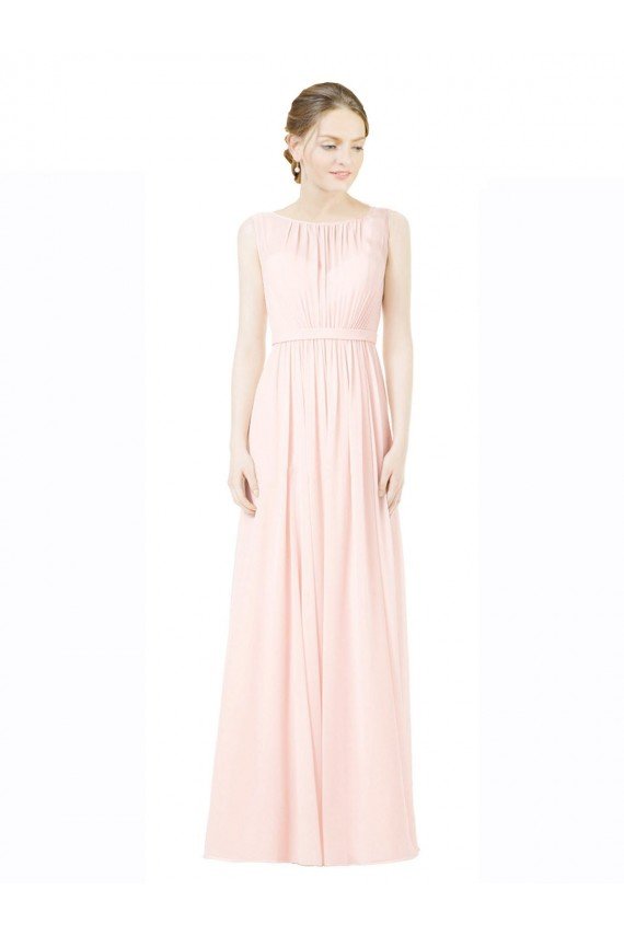 Affordable Long Chiffon Sleeveless Bridesmaid Dress with Sheer Illusion Top and V-Back