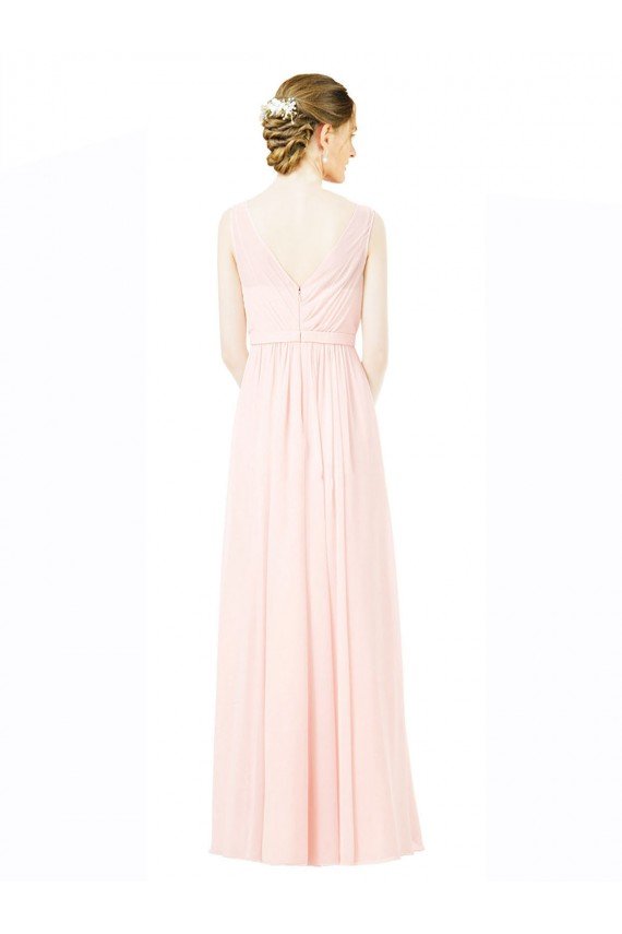 Affordable Long Chiffon Sleeveless Bridesmaid Dress with Sheer Illusion Top and V-Back
