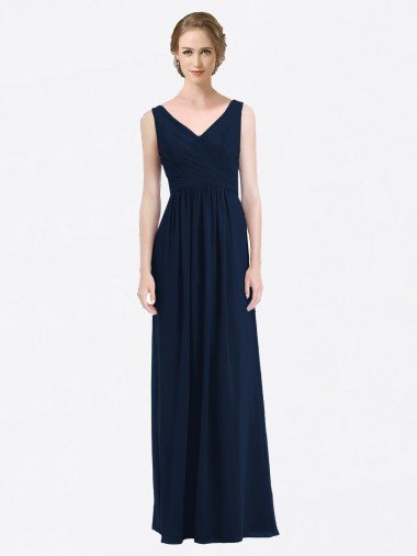 Affordable Long Chiffon V-Neck Sleeveless Bridesmaid Dress with Criss-Cross Pleated Bodice