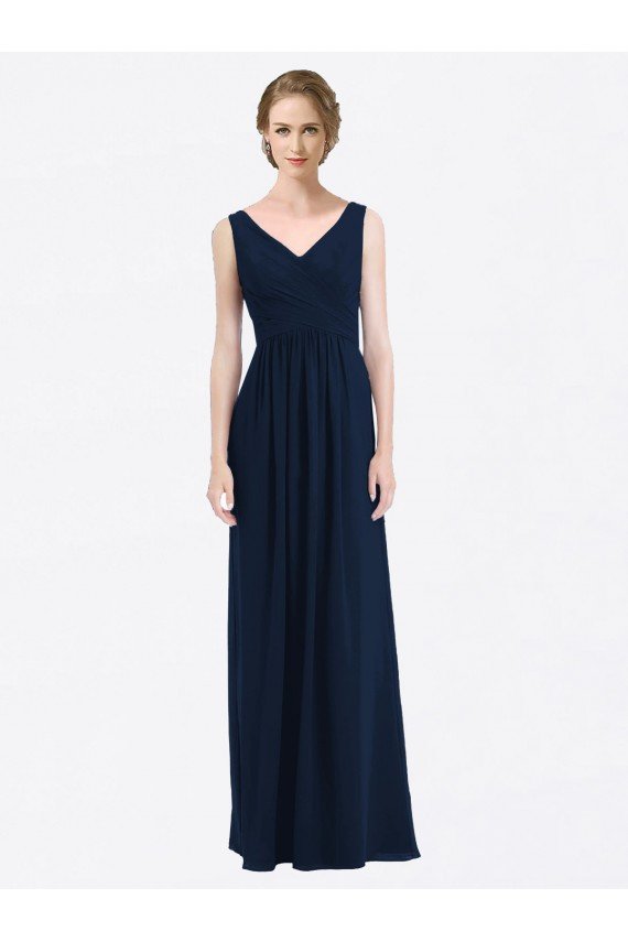 Affordable Long Chiffon V-Neck Sleeveless Bridesmaid Dress with Criss-Cross Pleated Bodice