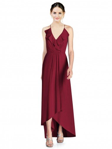 Affordable Draped V-Neck High Low Chiffon Bridesmaid Dress